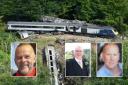 The fatal Carmont rail crash with (inset) the victims (from left) passenger Christopher Stuchbury, ScotRail conductor Donald Dinnie and driver Brett McCullough,