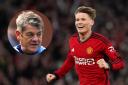 Scott McTominay celebrates scoring for Manchester United, main picture, and Scotland assistant manager John Carver, inset