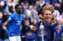 Rangers winger Rabbi Matondo celebrates his injury-time equaliser against Celtic at Ibrox, main picture, and Manchester City player Kevin De Bruyne, inset