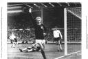 Denis Law celebrates after scoring against England at Wembley in Scotland's 3-2 victory...pic: Newsquest Media Group. (18324689)