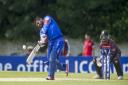 Afghanistan batsman Mohammad Shazad hits out on his way to making 74 as man of the match. Picture: Donald MacLeod