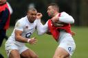 England's Jonny May and Jonathan Joseph (left) during the training session at Pennyhill Park, Bagshot. Picture: PA Wire/Adam Davy