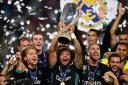 Marcelo of Real Madrid lifts the UEFA Super Cup after the 2-1 defeat of Manchester United in Skopje, Macedonia