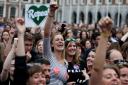 People celebrate at Dublin Castle as the official results of the referendum on the 8th Amendment of the Irish Constitution are announced in favour of the yes vote. Picture date: Saturday May 26, 2018. See PA story IRISH Abortion. Photo credit should read: