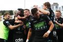 GLASGOW, SCOTLAND - MAY 16: Glasgow Warriors players celebrate Ali Price's try during the Pro14 semi final between Glasgow Warriors and Ulster at Scotstoun Stadium on May 16, 2019 in Glasgow, Scotland. (Photo by Ian MacNicol/Getty Images).
