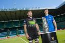 24/05/19.CELTIC PARK - GLASGOW.Glasgow Warriors' Callum Gibbins (L) and Leinster's Johnny Sexton preview tomorrow's Guinness PRO14 final at Celtic Park..