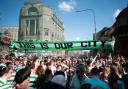 Celtic fans celebrating the Parkhead club's cinch Premiership victory in the Trongate earlier this month