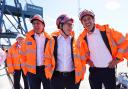 Scottish Labour leader Anas Sarwar, Labour Party leader Sir Keir Starmer and shadow secretary of state for energy Ed Miliband visit Port of Greenock on the campaign trail