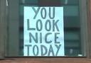 Author Deedee Cuddihy spotted this cheering sign in the window of a tenement on Duke Street, across from a bus stop. It’s always nice to be complimented, though some ungrateful wretches may prefer flattery from a person rather than a pane of glass.