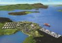 A visualisation of the proposed Hydrogen Hub for Flotta Island in Orkney. The hub is to be located on the site of the Oil and Gas facility that currently exists on Flotta.
