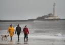 Dog walkers on the beach at Whitley Bay in North Tyneside before Storm Dudley hits the north of England/southern Scotland from Wednesday night into Thursday morning, closely followed by Storm Eunice on Friday. (PA)