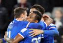 Alfredo Morelos celebrates scoring their side's third goal of the game during the cinch Premiership match at Tynecastle Park