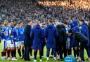 Rangers manager Michael Beale speaks to his players after losing the Viaplay Sports Cup Final at Hampden Park