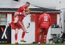 Aberdeen's Liam Scales celebrates his team's first goal with Jonny Hayes during the cinch Premiership match