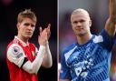Arsenal midfielder Martin Odegaard, left, and Manchester City striker Erling Haaland will both play for Norway against Scotland tonight