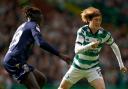 Celtic striker Kyogo Furuhashi, right, in action against Dundee at Parkhead on Saturday