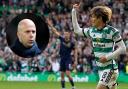Celtic striker Kyogo Furuhashi celebrates scoring against Dundee at Parkhead on Saturday, main picture, and Feyenoord manager Arne Slot, inset