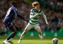 Kyogo Furuhashi, right, in action for Celtic at Parkhead on Saturday