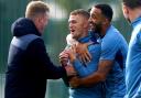 Newcastle’s Kieran Trippier and Callum Wilson speak to manager Eddie Howe during a training session at the Newcastle United Training Centre, Darsley Park, Benton. Picture date: Tuesday October 3, 2023.