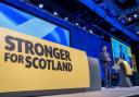 First Minister and SNP leader Humza Yousaf during the Independence Strategy Resolution at the second session at the SNP annual conference at The Event Complex Aberdeen (TECA) in Aberdeen