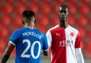 Abdallah Sima, right, shakes hands with Alfredo Morelos after Slavia Prague had played Rangers in the Europa League in 2021
