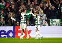 Matt O'Riley and Kyogo Furuhashi celebrate after picking apart the Atletico Madrid defence to put Celtic ahead on Wednesday night.