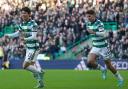 Celtic playmaker Matt O'Riley, right, runs in to congratulate Yang Hyun-jun on his goal against Aberdeen at Parkhead on Sunday