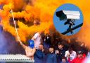 A Rangers fan wearing a balaclava sets off a smoke bomb at Rugby Park at the start of the season, main picture, and a CCTV camera, inset