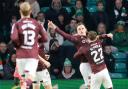 Hearts captain Lawrence Shankland celebrates his goal against Celtic at Parkhead today
