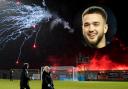 Members of the Union Bears ultras group set off fireworks before Rangers play Dumbarton at The Rock tonight, main picture, and Nicolas Raskin, inset