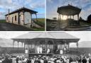 Girvan bandstand in its peak before falling into disrepair, and the restored bandstand at Edinburgh's Saughton Park
