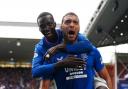 Cyriel Dessers celebrates putting Rangers ahead against Hibernian at Ibrox this afternoon with his team mate Mohamed Diomande