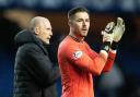Rangers manager Philippe Clement, left, with goalkeeper Jack Butland