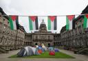 Students at an encampment at the Old College at the University of Edinburgh, protesting against the war in Gaza