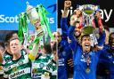 Celtic captain Callum McGregor lifts the Scottish Gas Scottish Cup last weekend, left, and Rangers skipper James Tavernier holds aloft the Viaplay Cup in December