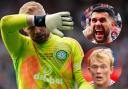 Celtic goalkeeper Kasper Schmeichel, main picture, Aberdeen keeper Dimitar Mitov, inset top, and Aberdeen wing-back Alexander Jensen, inset bottom