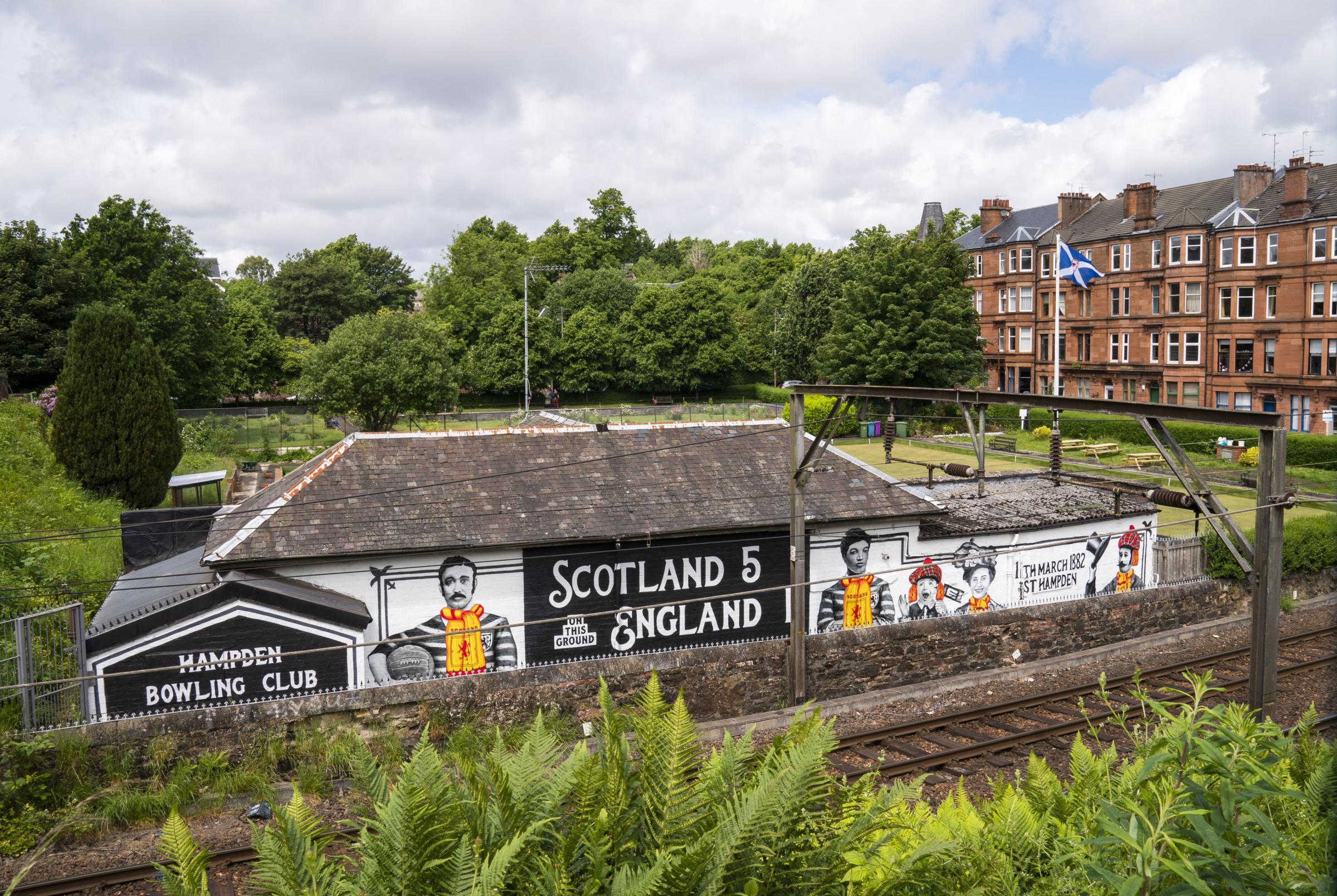 The mural at Hampden Bowling Club, Glasgow, site of the original Hampden Park ground which commemorates the first game played there on March 11, 1882. Scotland won 5-1 against England. 