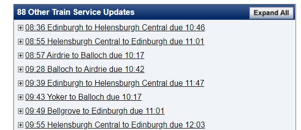 HeraldScotland: A snapshot of ScotRail's train service updates page on Sunday morning.