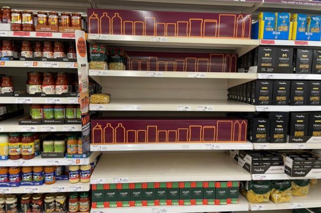 A Sainsbury's branch has been criticised for using cardboard images to hide empty shelves amid the current national food shortage Picture: Sharon Dale/Twitter