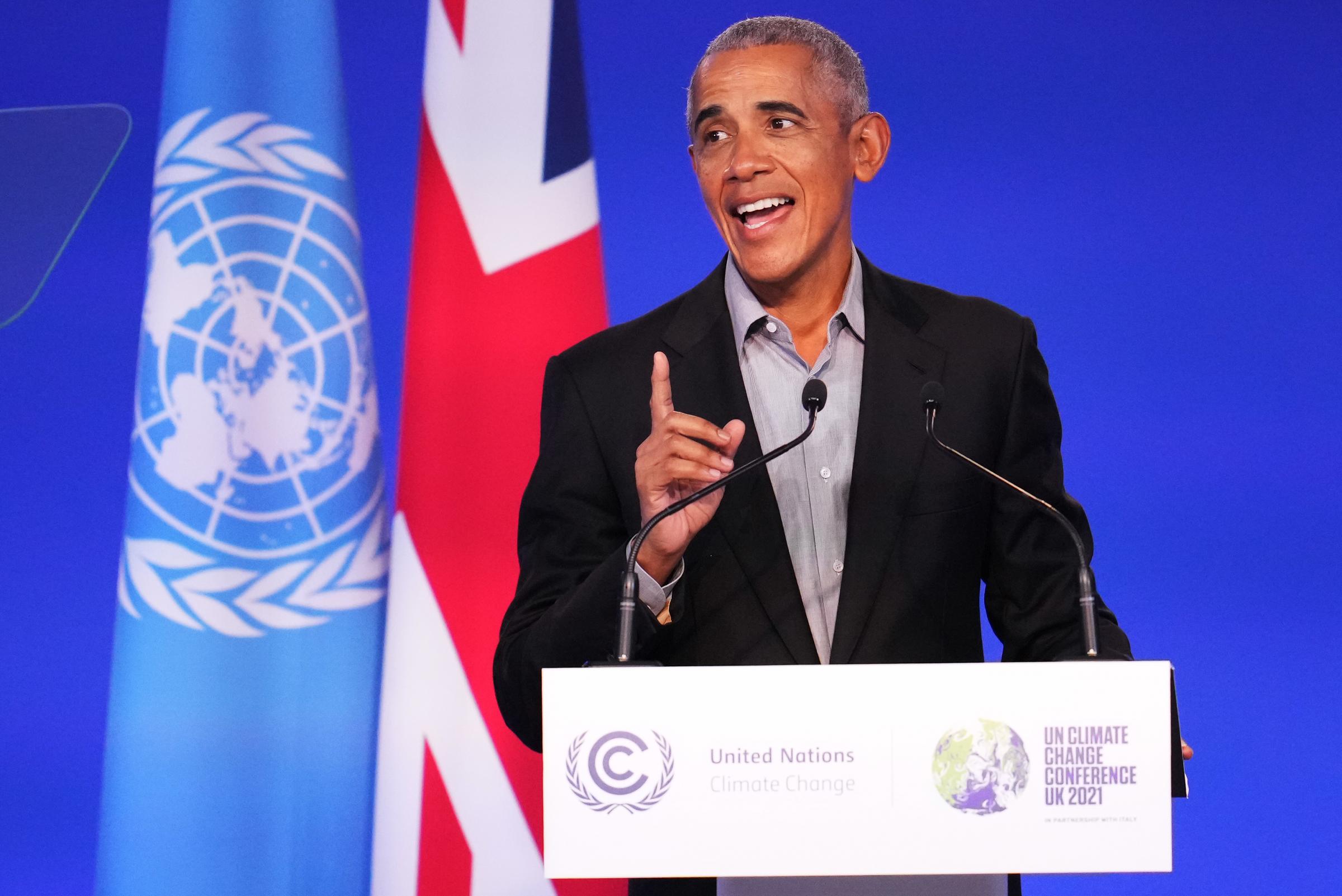 GLASGOW, SCOTLAND - NOVEMBER 08: Former US President Barack Obama delivers a speech while attending day nine of the COP26 at SECC on November 8, 2021 in Glasgow, Scotland. Day Nine of the 2021 climate summit in Glasgow will focus on delivering the