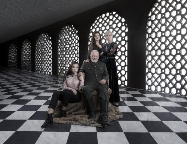 The 2018 TV film adaptation of King Lear, directed by Richard Eyre, starred Anthony Hopkins as Lear, shown here with daughters Cordelia (Florence Pugh); Goneril (Emma Thompson) and Regan (Emily Watson). His wife is absent from Shakespeare's play