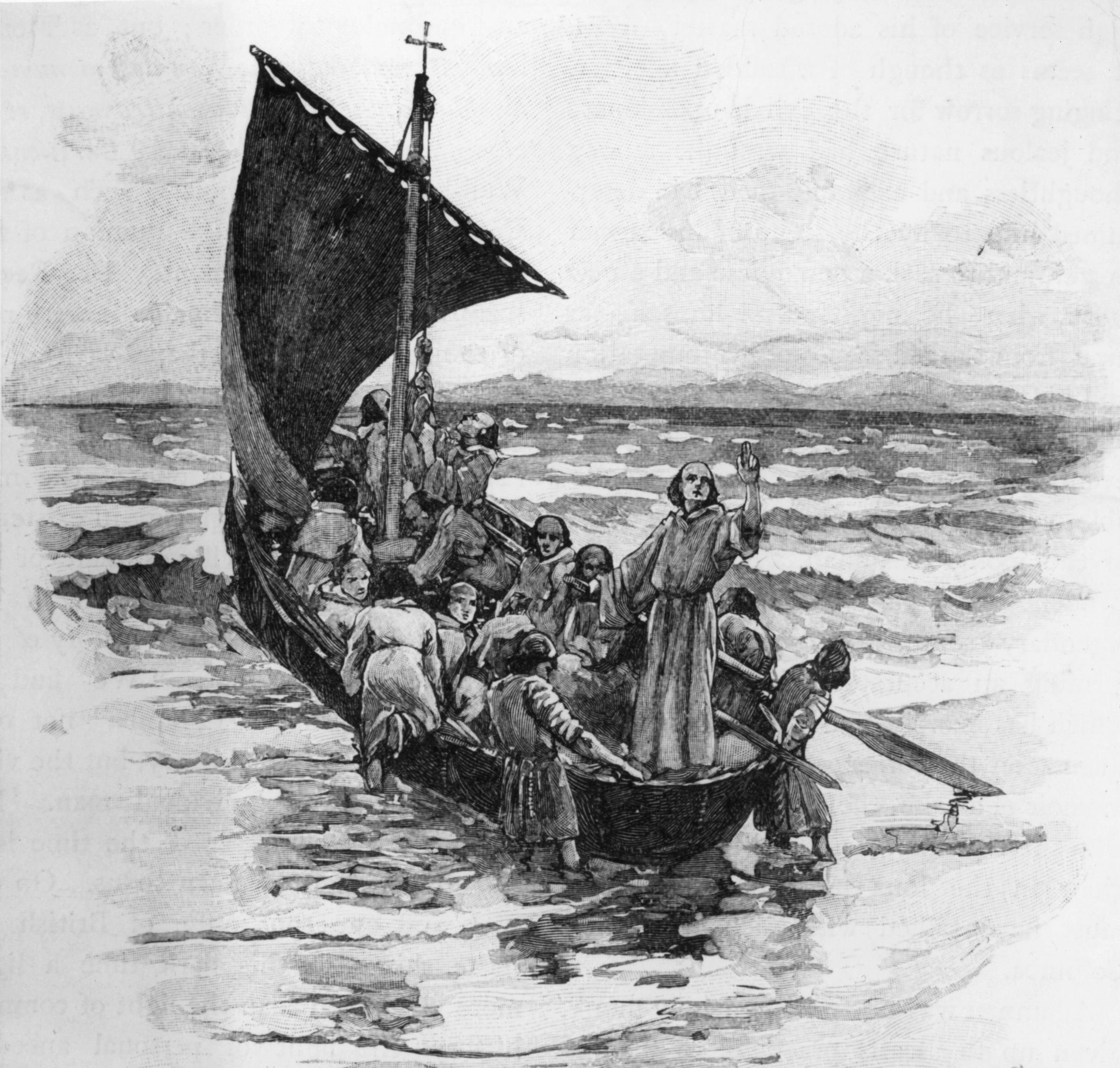 563 AD, Irish missionary Saint Columba (c. 521 - 597), known as the Apostle of Caledonia, sailing with his twelve disciples to the island of Iona on the west coast of Scotland. Columba worked to convert the Picts to Christianity and travelled around the