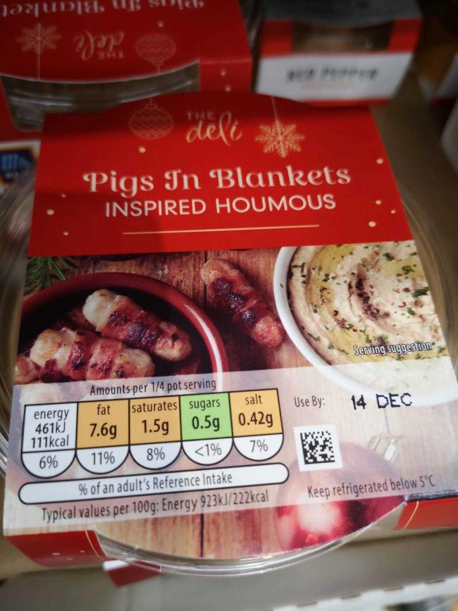 Reader Matt Greene spotted this delicacy in a Glasgow supermarket. As a hummus-loving vegetarian, he believes that only the bed linen should have been added to the list of ingredients, whilst leaving the pigs well alone.