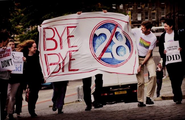 Campaigners pictured outside the Scottish Parliament in June, 2000 calling for the scrapping of Section 28 – widely known in Scotland as Clause 2. It was repealed in Scotland that year, and in the rest of the UK in 2003.