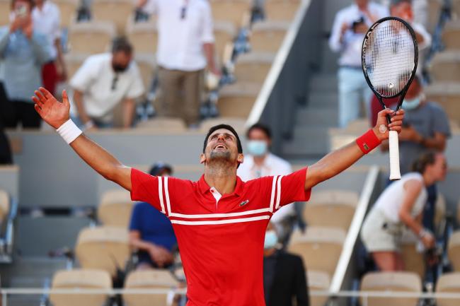 Novak Djokovic celebrates victory at the 2021 French Open at Roland Garros. Picture: Julian Finney/Getty Images
