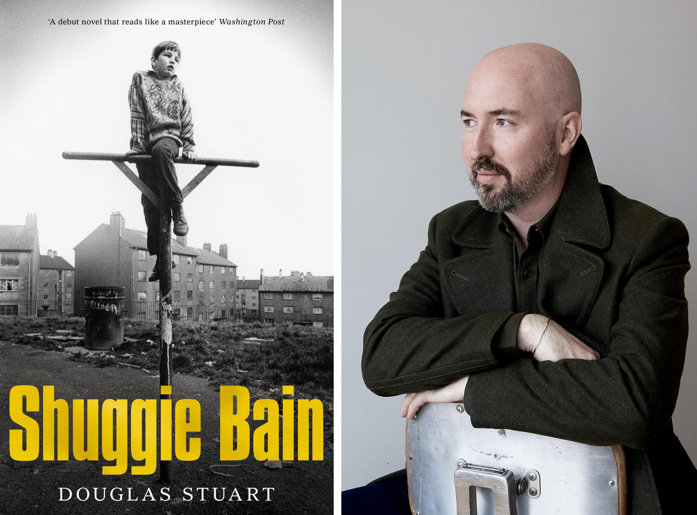 Douglas Stuart with the cover of his first book, Shuggie Bain.