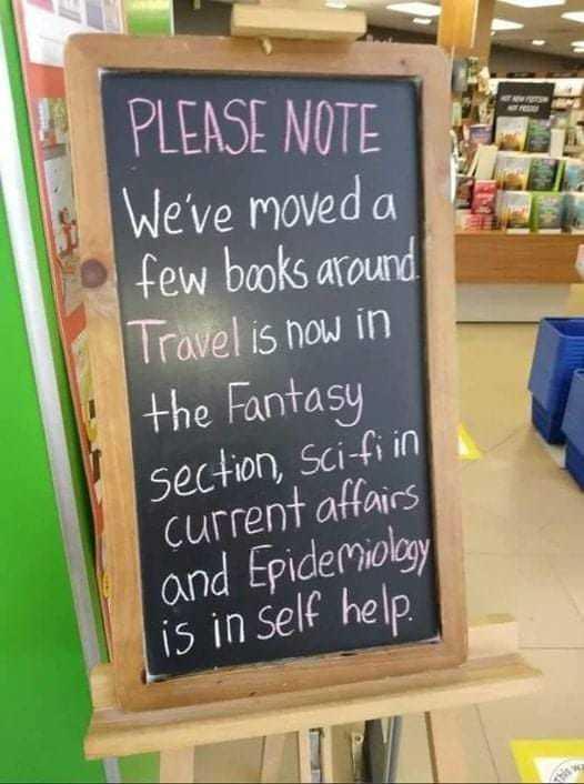 Mark Chalmers spotted this bookshop sign which proves that even when you dip your nose in a good read there’s no escaping reality.