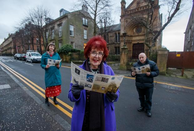 HeraldScotland: Liz Cameron, centre, with Kerry Paterson and Harvey Kaplan, at the launch of the Garnethill trail