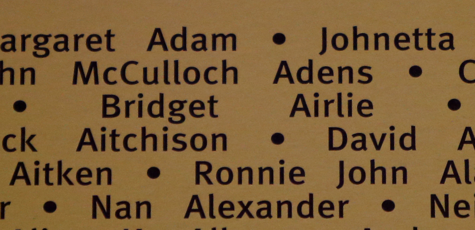 Pictured on a In Memoriam plaque at Kelvingrove art gallery and museum is the name of Bridget Airlie, Dr Bridget McConnells grandmother. Photograph by Colin Mearns.
