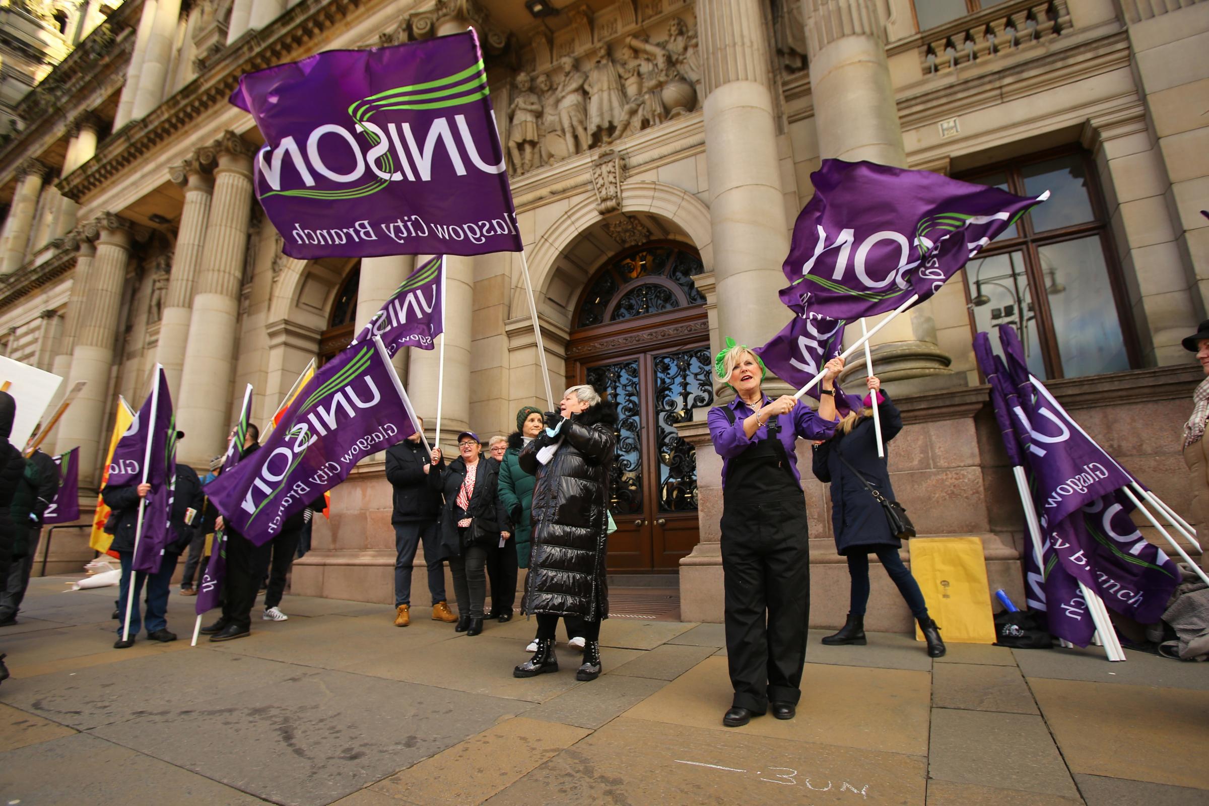 Equal pay compensation dispute protest at Glasgow City Chambers. Photograph by Colin Mearns.